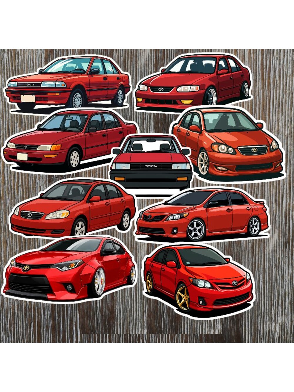 10 pc lot TOYOTA COROLLA Red Vinyl Stickers - Various Generations